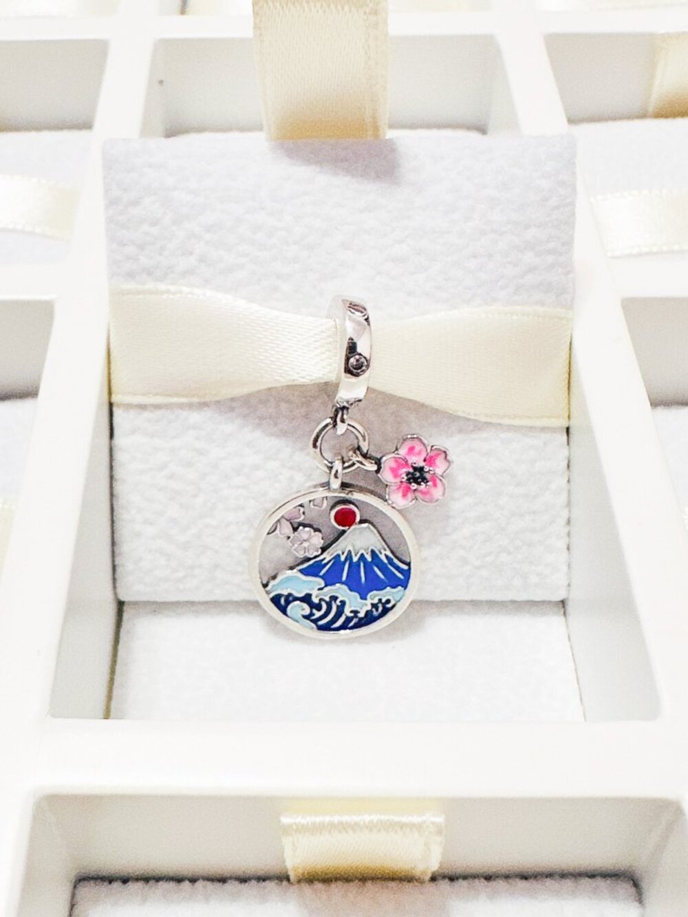 925 Sterling Silver Japan Mount Fuji And Sakura Cherry Blossom Dangle Charm